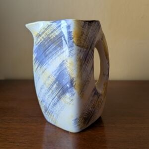 1950s Gay Fad Style Blue & Yellow Brushstroke Handled Pitcher 6 1/2 In